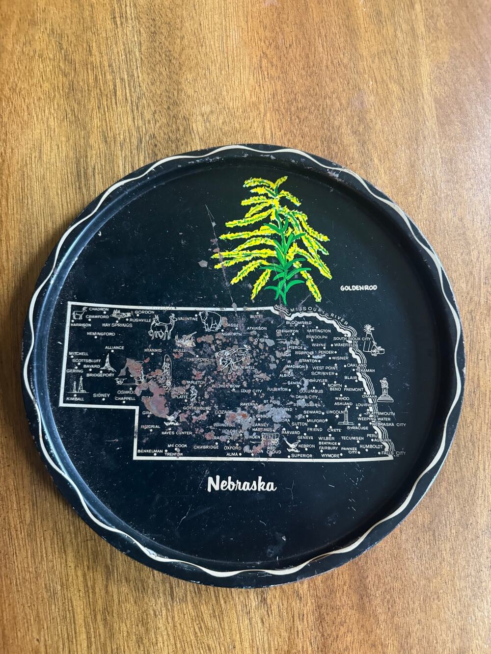 Vintage Nebraska Souvenir Metal Tray State Map Goldenrod 11”
